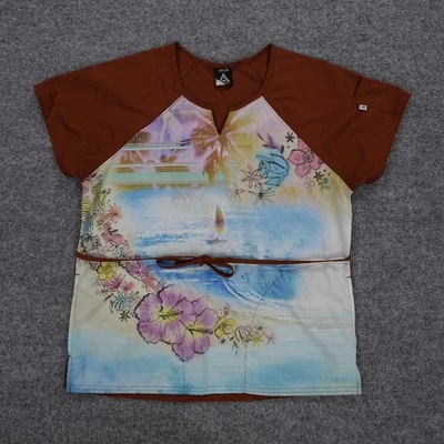 Cherokee Scrub Womens Small Top Brown Island Beach Tropical Aloha Floral Pocket - Image 1 of 4