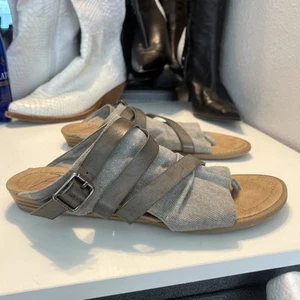 Blowfish Malibu Slides Strappy Mule Thong Leather And Denim Army Brown Green Tan - Picture 1 of 17