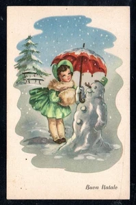 Cartolina  Augurale Buon Natale Bambina Ombrello Pupazzo (AA194) - Picture 1 of 2