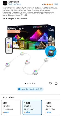 Enbrighten Vibe Eternity Permanent Outdoor Lights 100 Feet, Missing Brackets!!! - Image 1 of 4