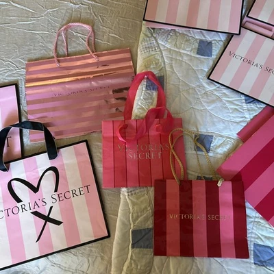 Lote de 9 sacolas de compras vintage listradas rosa caixa de presente Victoria’s Secret - Imagem 1 de 4