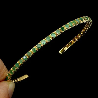 925 Sterling Silver Bangle Round Emerald 2.5mm Natural Gemstone Jewelry 6.5 Inch - Image 1 of 4