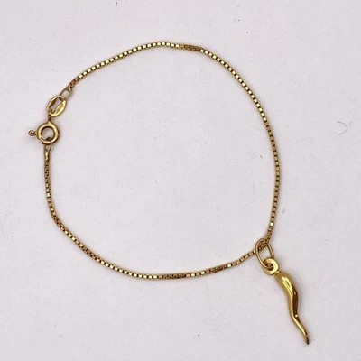 Signed 14K Gold Cornicello Italian Horn Box Chain Charm Bracelet Amulet Italy - Image 1 of 4