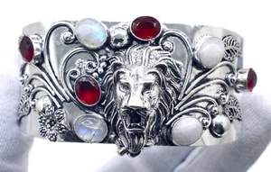 925 Sterling Silver Moonstone & Emerald Gemstone Jewelry Cuff Bracelet Size-ADJ - Picture 1 of 7