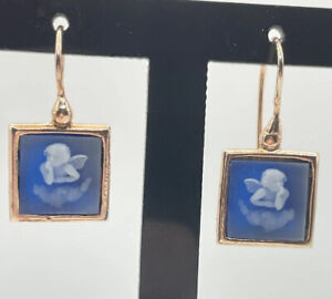 Marcello Fontana Signed 18k Rose Gold Vermeil Blue Glass Cherub Cameo Earrings