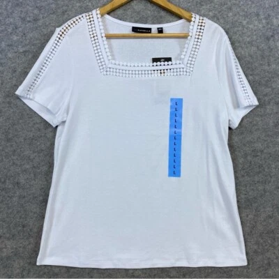 Top Rafaella Nuevo con Etiquetas Talla L Blanco Cuello Cuadrado Manga Corta Punto Encaje Ribete Clásico Foto 1 de 4