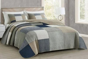 Chezmoi Collection Addy 3-Piece Navy Blue White Gray Taupe Plaid Patchwork Qu... - Picture 1 of 9