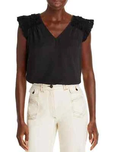 AQUA Crochet Shoulders Flutter Short Sleeves Black Top Women’s Size XS NWT - Picture 1 of 7