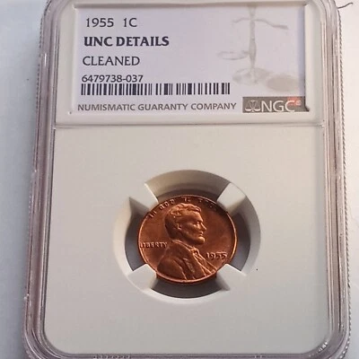 1955 P LINCOLN CENT WHEAT PENNY NGC UNCIRC DETAIL, CLEANED NEW DISCOVERY LOOK - Image 1 of 4