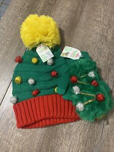 Girls claire’s christmas tree hat & fingerless gloves Conv Mittens set nwt