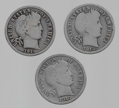 BARBER DIMES * 1914 * 1914 s * 1916 * - 10 cents - 90% SILVER - lot of 3 Cover