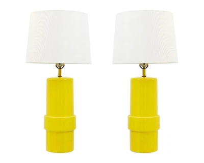 Пара глянцевых желтых цилиндрических керамических настольных ламп 1970-х годов - Изображение 1 из 4