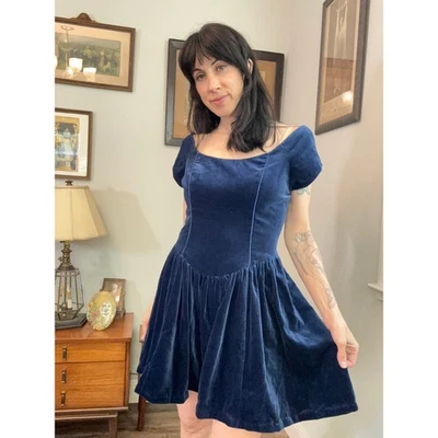Mini vestido vintage de veludo azul Laura Ashley cottagecore romântico tamanho 12 - Imagem 1 de 4
