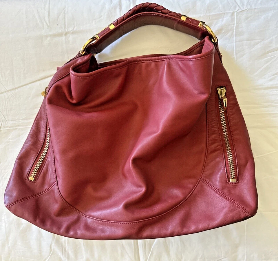 Rachel Zoe Red Leather Bag Handbag Purse Large Gold Tone Hardware Woven Handle - Image 1 of 4