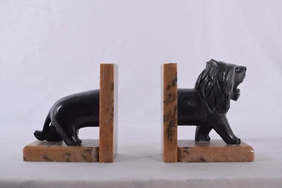 Hand Carved Stone Lion Bookend Black And Natural Colour Combination Home Decor - Image 1 of 4