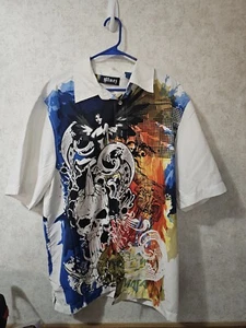 Blaues Herren Hemd Button Down Wearable Art Goth Rock All Over Print Größe Lg - Bild 1 von 12