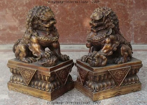 old Chinese Fengshui Bronze Guardian Evil Beast Foo Fu Dog Door Lion Statue Pair - Picture 1 of 12