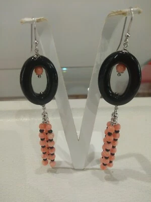 Orecchini pendenti onice corallo rosa in argento 925 - Immagine 1 di 2