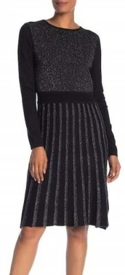 Vestido Spense 164865 Feminino Fit & Flare Manga Longa Listrado Preto Tamanho. S - Imagem 1 de 2