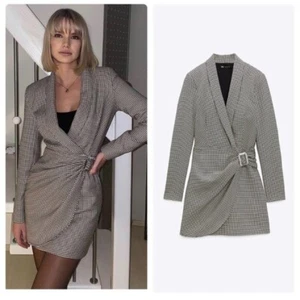 ZARA HOUNDSTOOTH PRINT WRAP STYLE BLAZER DRESS WITH BUCKLE XS - Picture 1 of 2