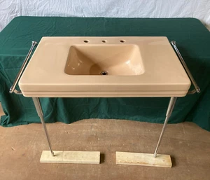 Vtg Mid Century Tan Beige Console Sink Chrome legs Towel Bars Standard 35-24E - Picture 1 of 24