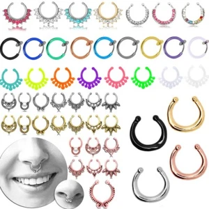 1 FINTO ANELLO NASO NON PIERCING CIONDOLO IN ACCIAIO INOX CLIP ON SEPTUM CLICKER UV-ATTIVO - Foto 1 di 17