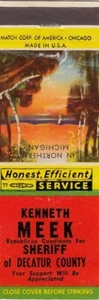 Kenneth Meek Republican Candidate for Sheriff Decatur County Vintage Matchcover - Picture 1 of 2