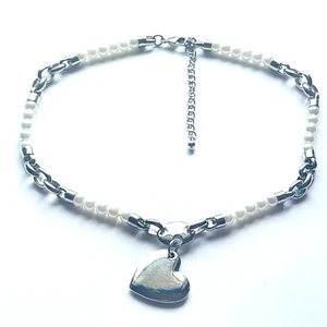 Choker Pendant Necklace Heart Charm Silver Tone Faux Pearl 15" Plus 3" Extension - Picture 1 of 15