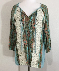 Intro Womens Shirt Size Small Boho Tunic Green Medallion Print Crochet Details - Picture 1 of 8