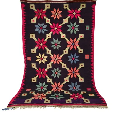 Vibrant Handmade Moroccan Black Rug Blue Pink Orange Flowers Berber Carpet 10x6 - Image 1 of 4