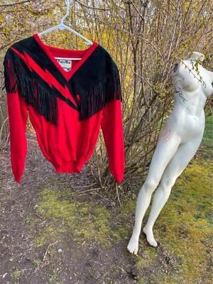 DE COLECCIÓN AÑOS 80 MUJER S PIONEER WEAR RELÁMPAGO ROJO NEGRO FLECOS SUÉTER Foto 1 de 4