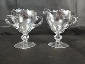 Clear Footed Glass Creamer and Sugar Bowl with Scalloped Edge And Handles - Picture 1 of 14