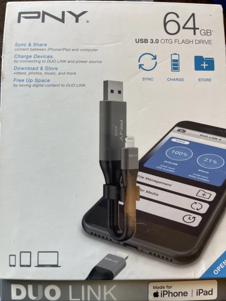 New PNY Duo Link 64GB USB 3.0 OTG Flash Drive Made for iPhone iPad Sync, Store - Image 1 of 1