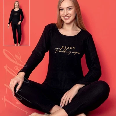 Restposten Damen Pyjama Set Schlafanzug mit Langarmshirt und Hose Homewear M-2XL - Bild 1 von 4