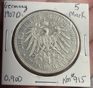 Silver Germany 1907-D 5 Mark Bavaria (Funf Mark) KM#915 World Silver Coin - Picture 1 of 9
