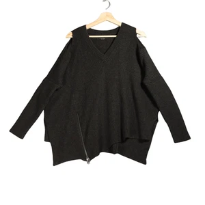 Allsaints Jumper Womens Medium Black Slouchy Zip Wool Alpaca Able Open Shoulder - Picture 1 of 17