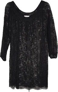 Susan Graver Lace Plus Size Tunic 1X Black Floral Sheer Scoop Neck 3/4 Sleeve - Picture 1 of 7