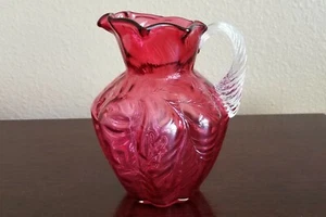 FENTON Glass COUNTRY CRANBERRY Fern RIBBED Optic JUG Pitcher REED Handle MINT! - Picture 1 of 8