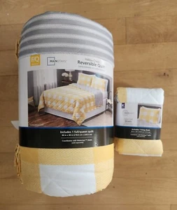 Mainstays Yellow Check Gray Stripe Reversible F/Q Quilt And King Shams - Picture 1 of 5