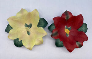 LOT (2) Party Lite Poinsettia ￼Christmas Ceramic Dish Trinket Yellow Red