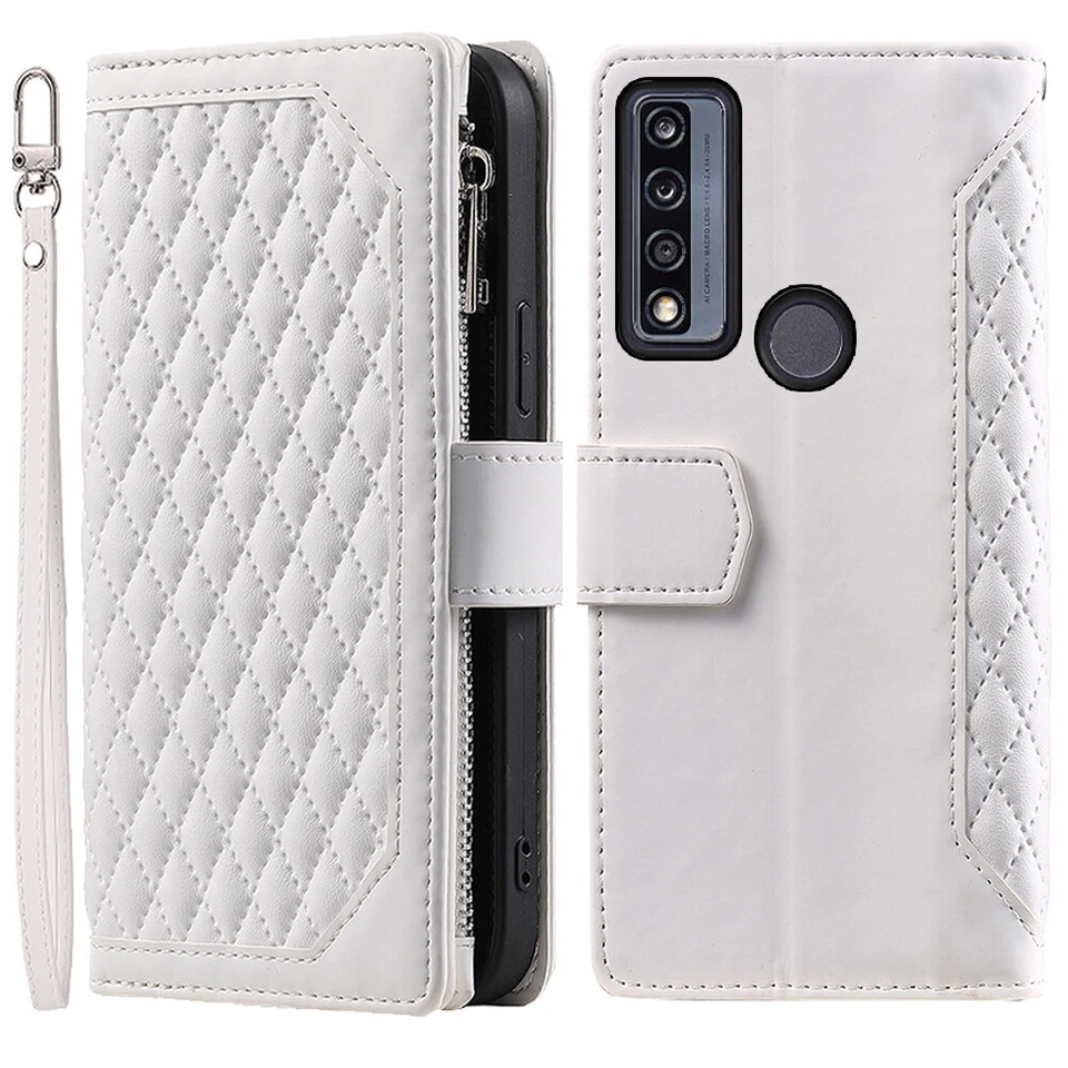 Estuche tipo billetera romboidal de lujo, estuche de cuero con cremallera abatible para tarjetas para Alcatel TCL 20 A 5G Foto 1 de 4