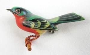 Vintage Takahashi Hand Painted Wood Teal Green Red Yellow Bird Brooch Pin - Picture 1 of 5