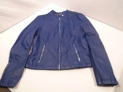Chaqueta de cuero sintético azul rivit negra para mujer talla grande con cremallera forrada frontal Foto 1 de 4
