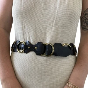 Vintage 1970s Battani Black Leather Solid Brass Buckle Hippie Festival Belt Sz L - Picture 1 of 5