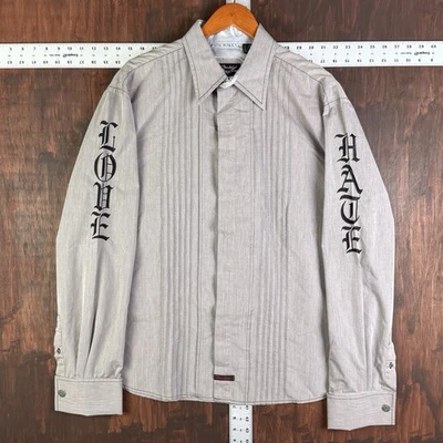 Fender Button Up Long Sleeve Gray Rock N Roll Cross Love Hate Shirt Men’s 2XL - Image 1 of 4