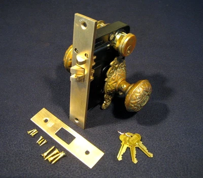 Antique Entry Mortise Lock Eastlake Knobs & Roses Cylinder 3 keys Corbin #1339RH - Image 1 of 4