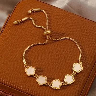 Mehrfarb. verstell. Sternenblumen, Kleeblatt-Armband - Edelstahl K18 vergoldet, - Bild 1 von 4