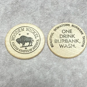 Juego de 20 fichas de madera de níquel vintage "One Drink Burbank Wash." diseño Buffalo - Imagen 1 de 8