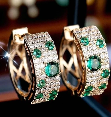 Luxuriöse Damen Mädchen Creole Clip Grün 14K Gelbgold vergoldet Zirkonia #36 - Bild 1 von 4