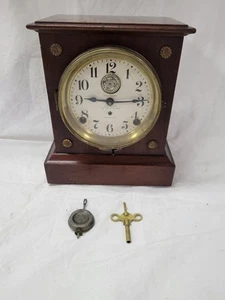 Antique 1908 Seth Thomas Automatic 8 Day Long Alarm Wood Mantle Clock Works - Picture 1 of 14